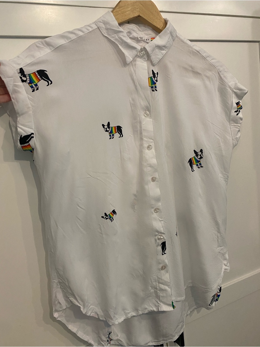 Jane & Delancey French Bulldog Rainbow Sweater White Blouse Short Sleeve Pride S